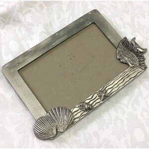 Picture Photo Frame Silver Tone 5”x6.75” Tabletop w Glass Sea Shell Fish Beach